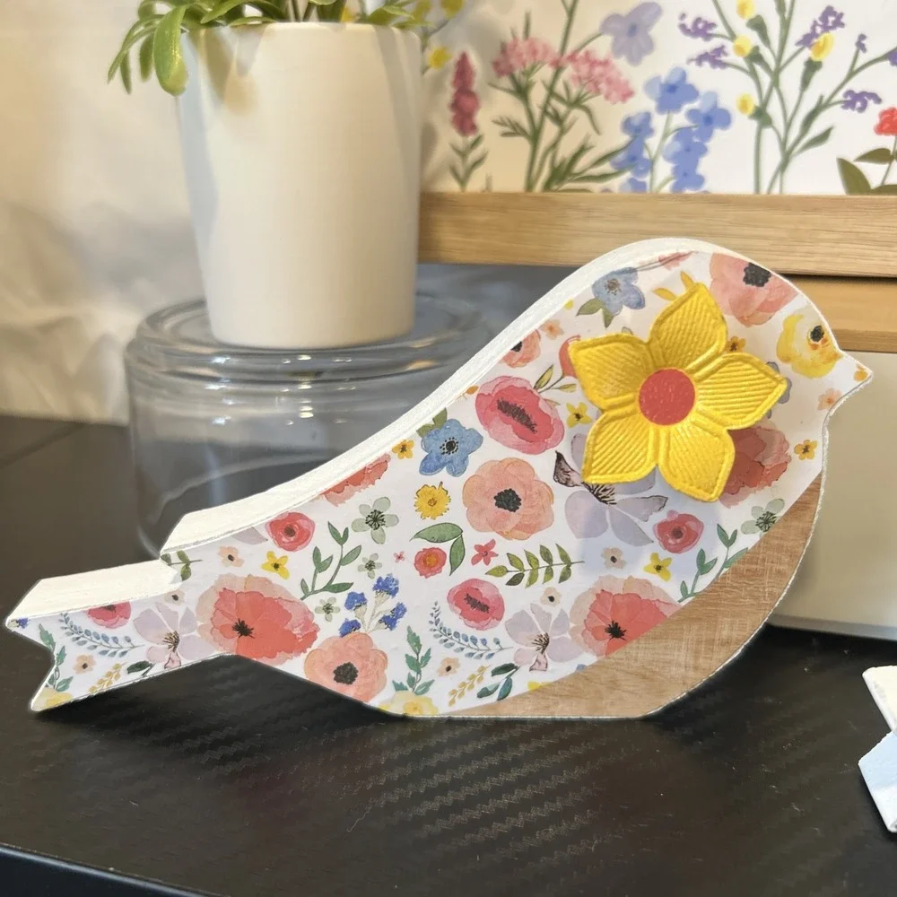 Stand Alone Spring Summer Table‎ Decor Floral Wood Bird Set Of 3